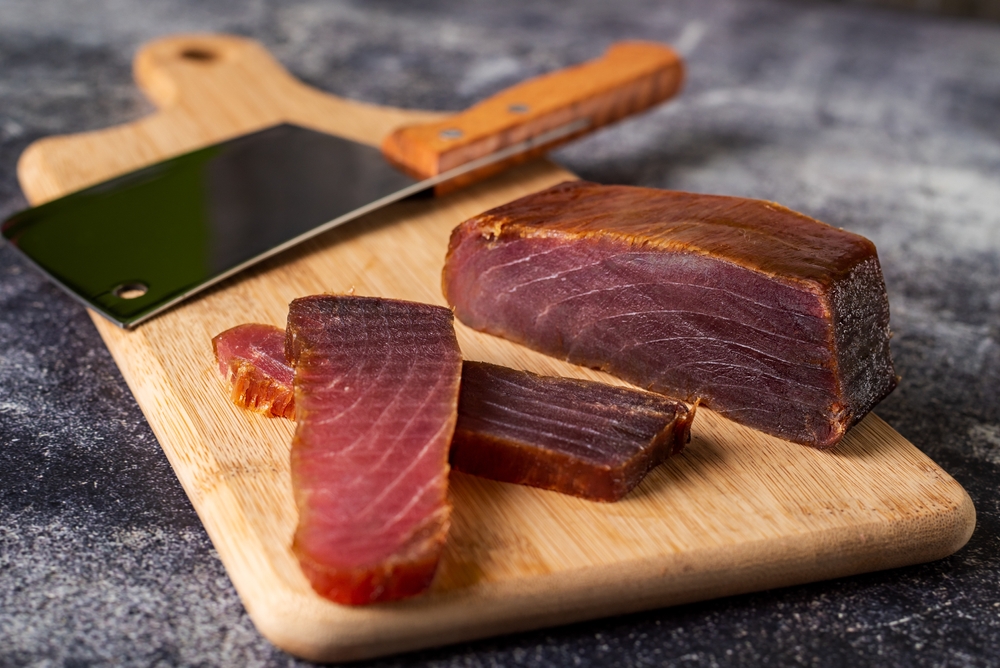 Piece,Of,Tuna,Mojama,Or,Cecina,Cut,Into,Slices,On
